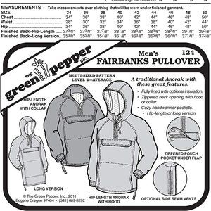 Men's Fairbanks Pullover Coat Jacket #124 Sewing Pattern Size 34-50